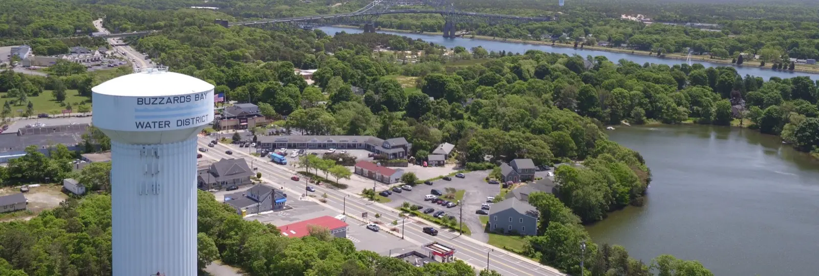 Aerial view of Main Street and the water tower in Buzzards Bay